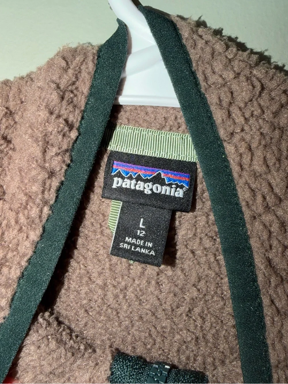 Patagonia Kids Brown Sherpa Fleece Jacket Green Trim Large 13